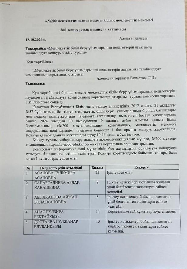 № 6 конкурстық комиссия хаттамасы