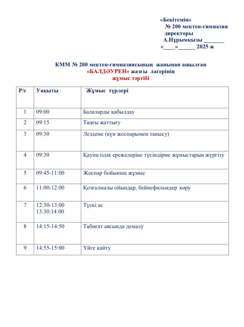"БАЛДӘУРЕН" жазғы лагерінің жұмыс тәртібі